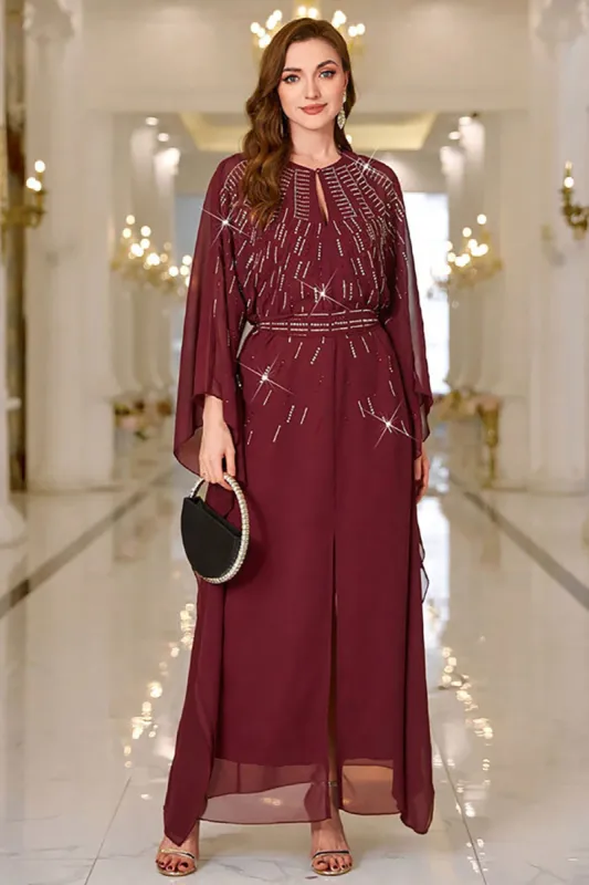 Sparkly Burgundy A Line Round Neck Long Sleeves Prom Dress sold by Zapaka