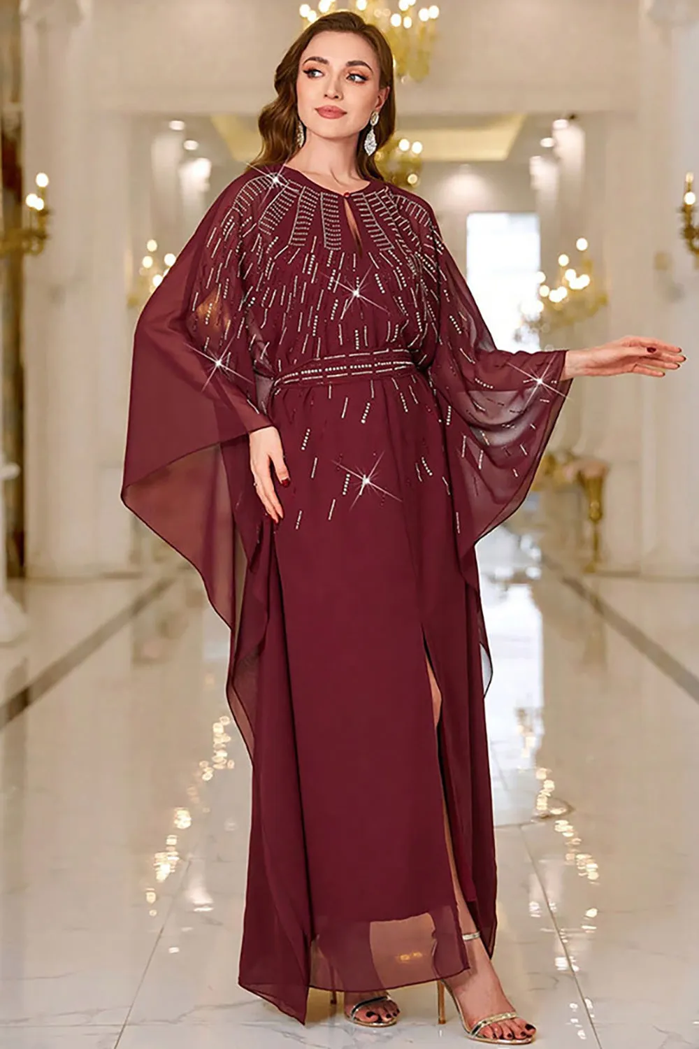 Sparkly Burgundy A Line Round Neck Long Sleeves Prom Dress sold by Zapaka product image thumbnail 4