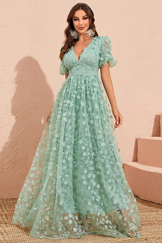 Grey Green A Line V Neck Long Prom Dress sold by Zapaka