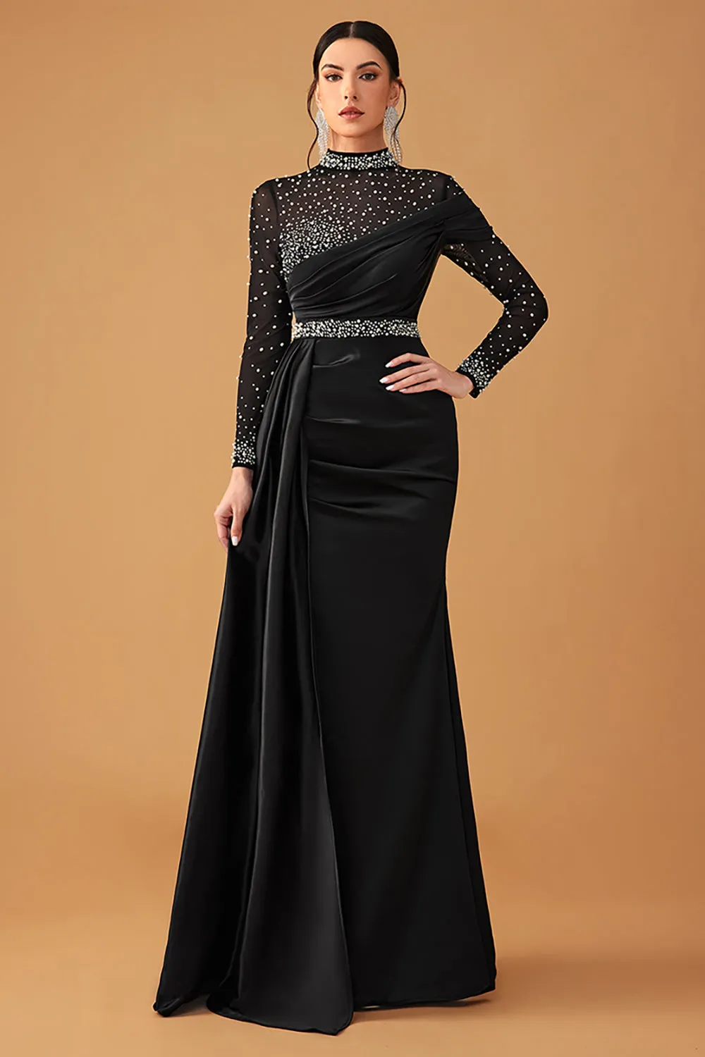 Black Sparkly A Line Halter Long Prom Dress with Beading sold by Zapaka