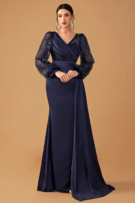 Navy V Neck Mermaid Long Sleeves Prom Dress sold by Zapaka