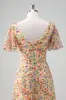 Yellow Flower Printed Chiffon A-Line V-neck Short Sleeves Long Wedding Guest Dress sold by Zapaka