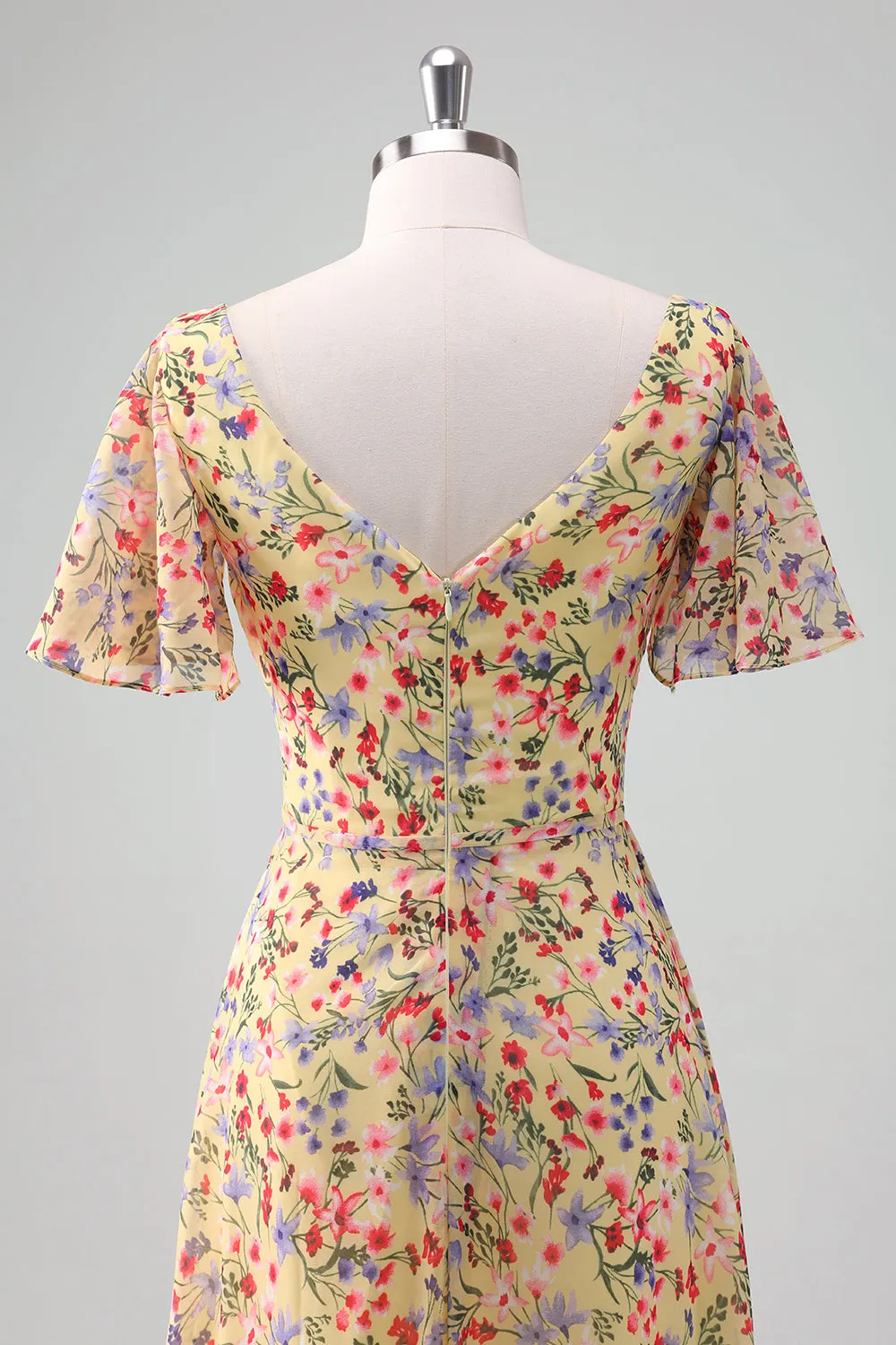 Yellow Flower Printed Chiffon A-Line V-neck Short Sleeves Long Wedding Guest Dress sold by Zapaka product image thumbnail 5