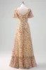 Yellow Flower Printed Chiffon A-Line V-neck Short Sleeves Long Wedding Guest Dress sold by Zapaka