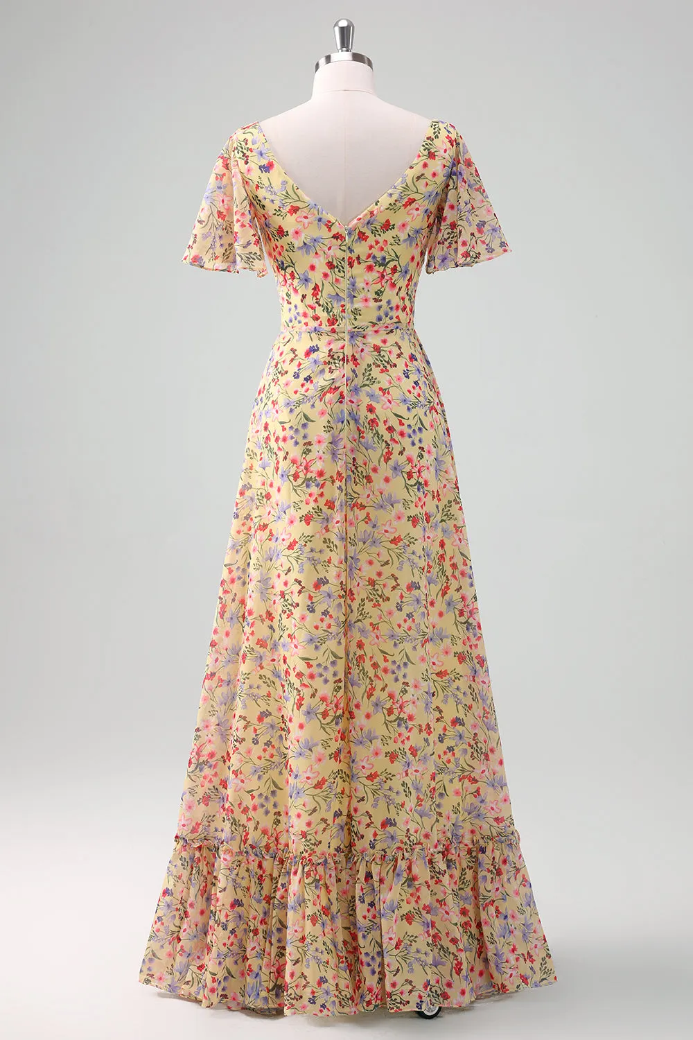 Yellow Flower Printed Chiffon A-Line V-neck Short Sleeves Long Wedding Guest Dress sold by Zapaka product image thumbnail 2