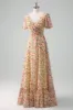 Yellow Flower Printed Chiffon A-Line V-neck Short Sleeves Long Wedding Guest Dress sold by Zapaka