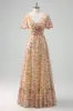 Yellow Flower Printed Chiffon A-Line V-neck Short Sleeves Long Wedding Guest Dress sold by Zapaka