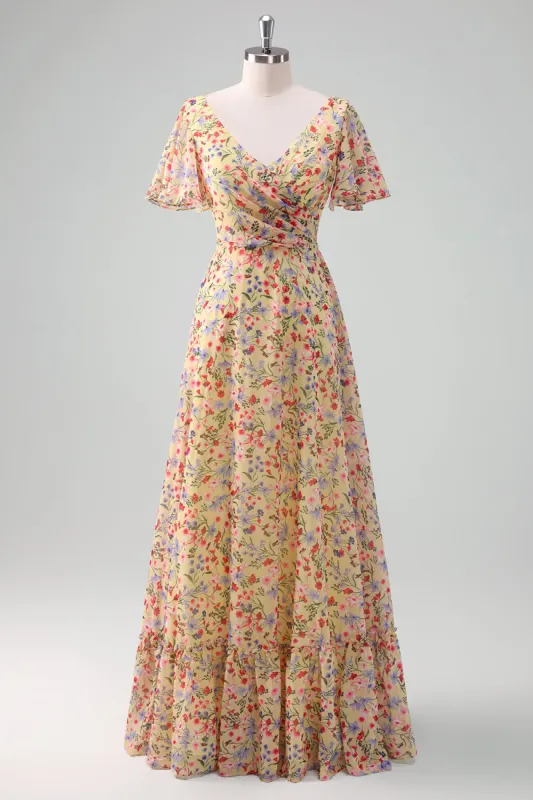 Yellow Flower Printed Chiffon A-Line V-neck Short Sleeves Long Wedding Guest Dress sold by Zapaka