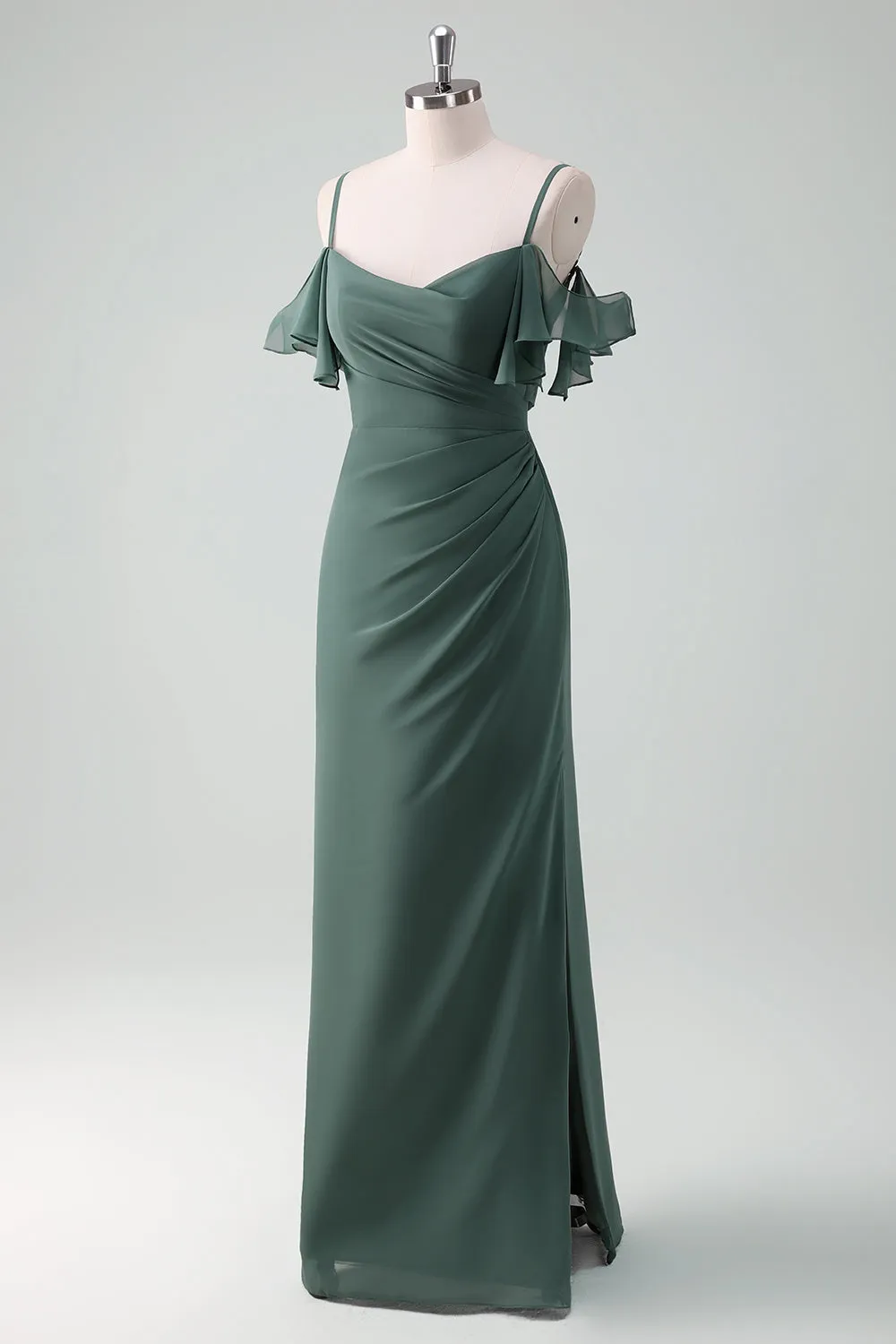 Eucalyptus Spaghetti Straps Sheath Long Chiffon Bridesmaid Dress sold by Zapaka product image thumbnail 3