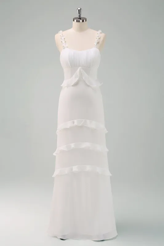 White Spaghetti Straps Mermaid Long Wedding Dress with Ruffles sold by Zapaka