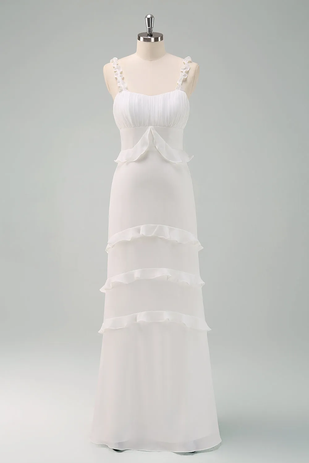 White Spaghetti Straps Mermaid Long Wedding Dress with Ruffles sold by Zapaka