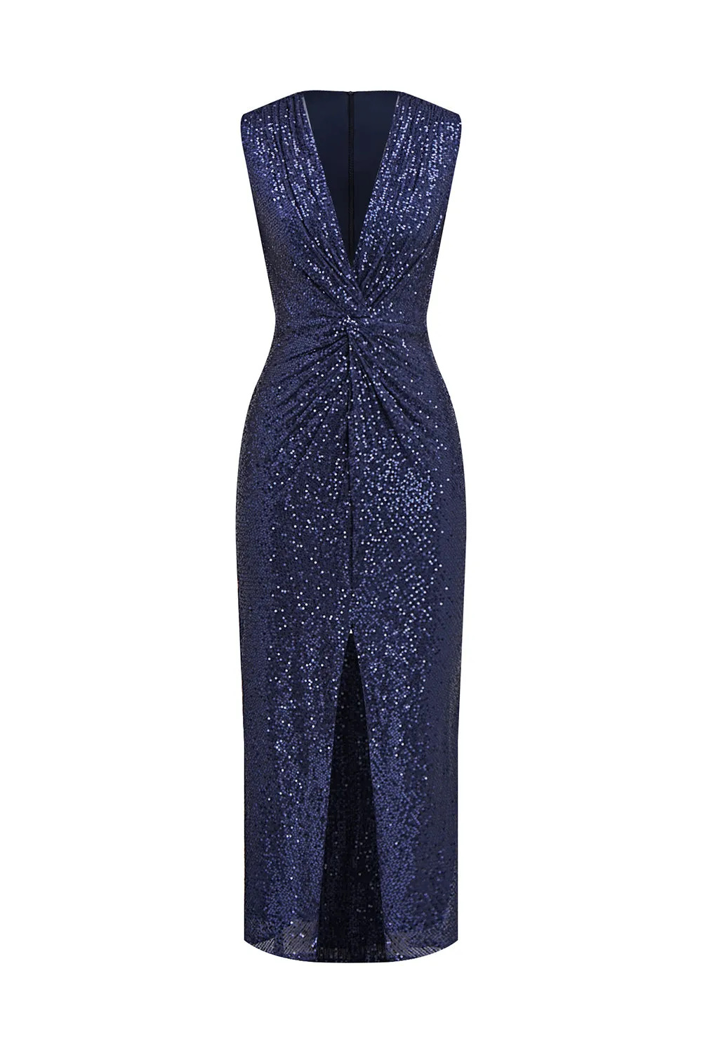 Navy V-neck Sheath Sequins Midi Cocktail Dress with Slit sold by Zapaka