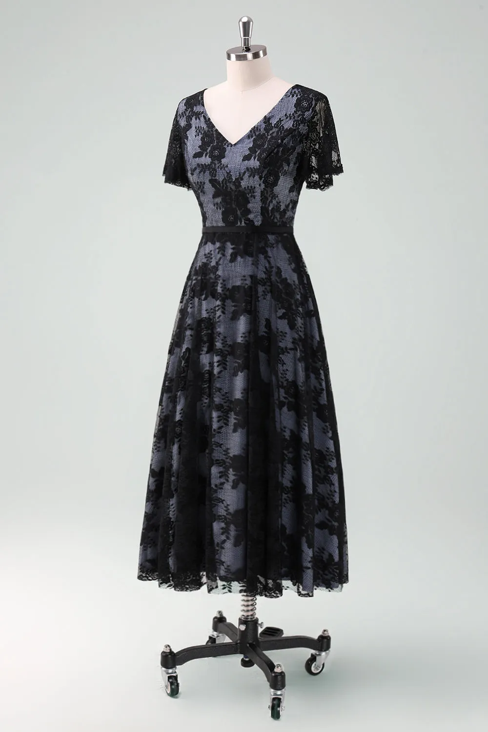 Black V-neck Short Sleeves Lace A-Line Mother of Bride Dress sold by Zapaka product image thumbnail 3