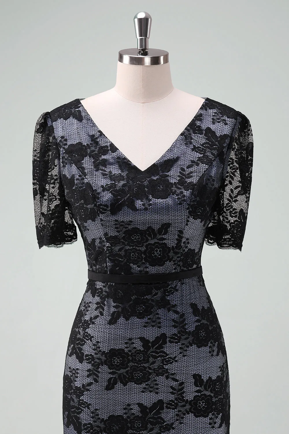Black V-Neck Lace Sheath Midi Mother of Bride Dress with Short Sleeves sold by Zapaka product image thumbnail 4