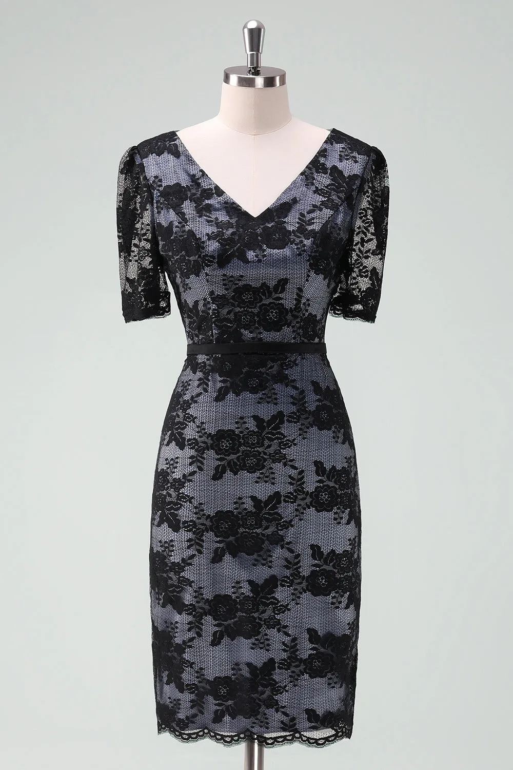 Black V-Neck Lace Sheath Midi Mother of Bride Dress with Short Sleeves sold by Zapaka