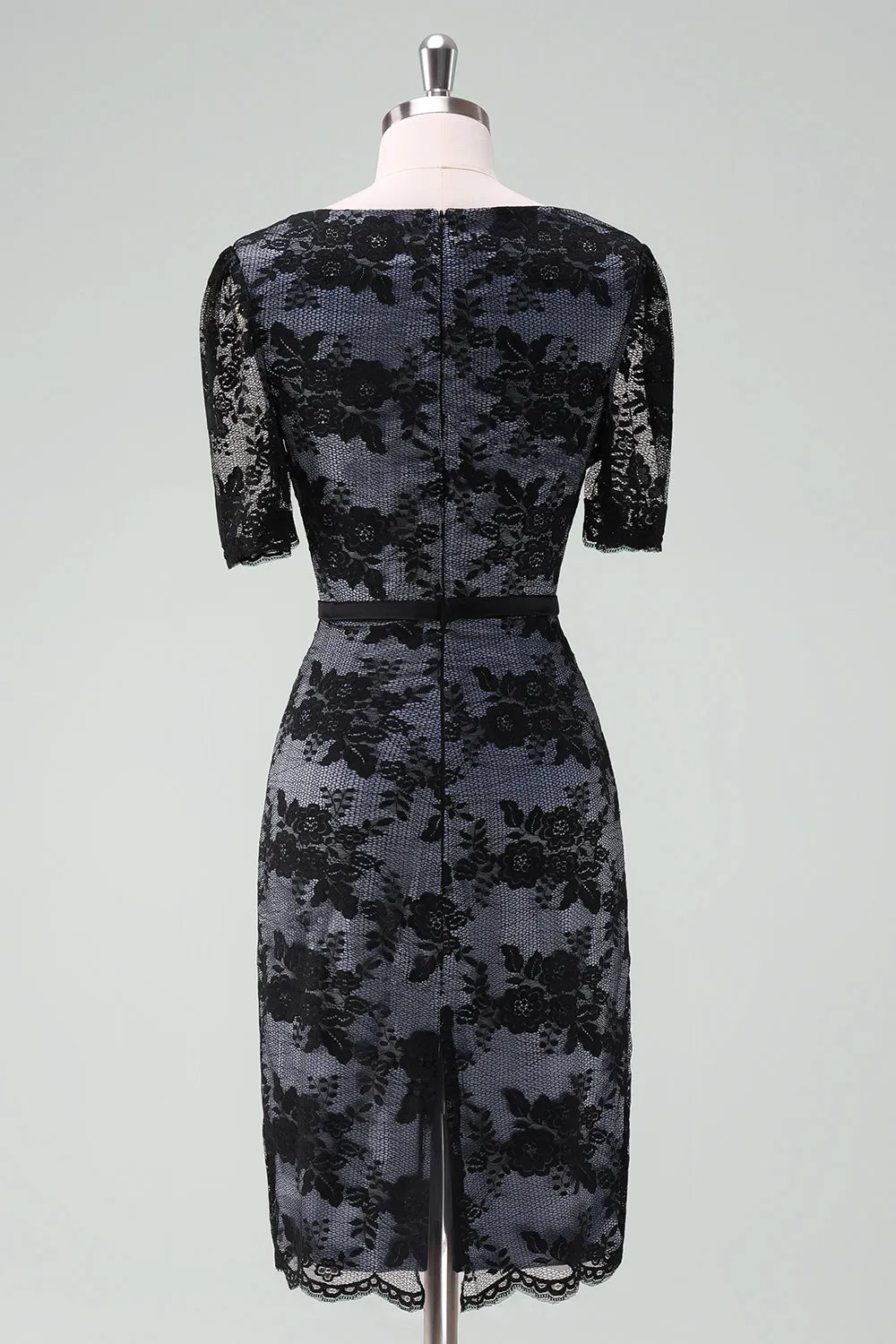 Black V-Neck Lace Sheath Midi Mother of Bride Dress with Short Sleeves sold by Zapaka product image thumbnail 2