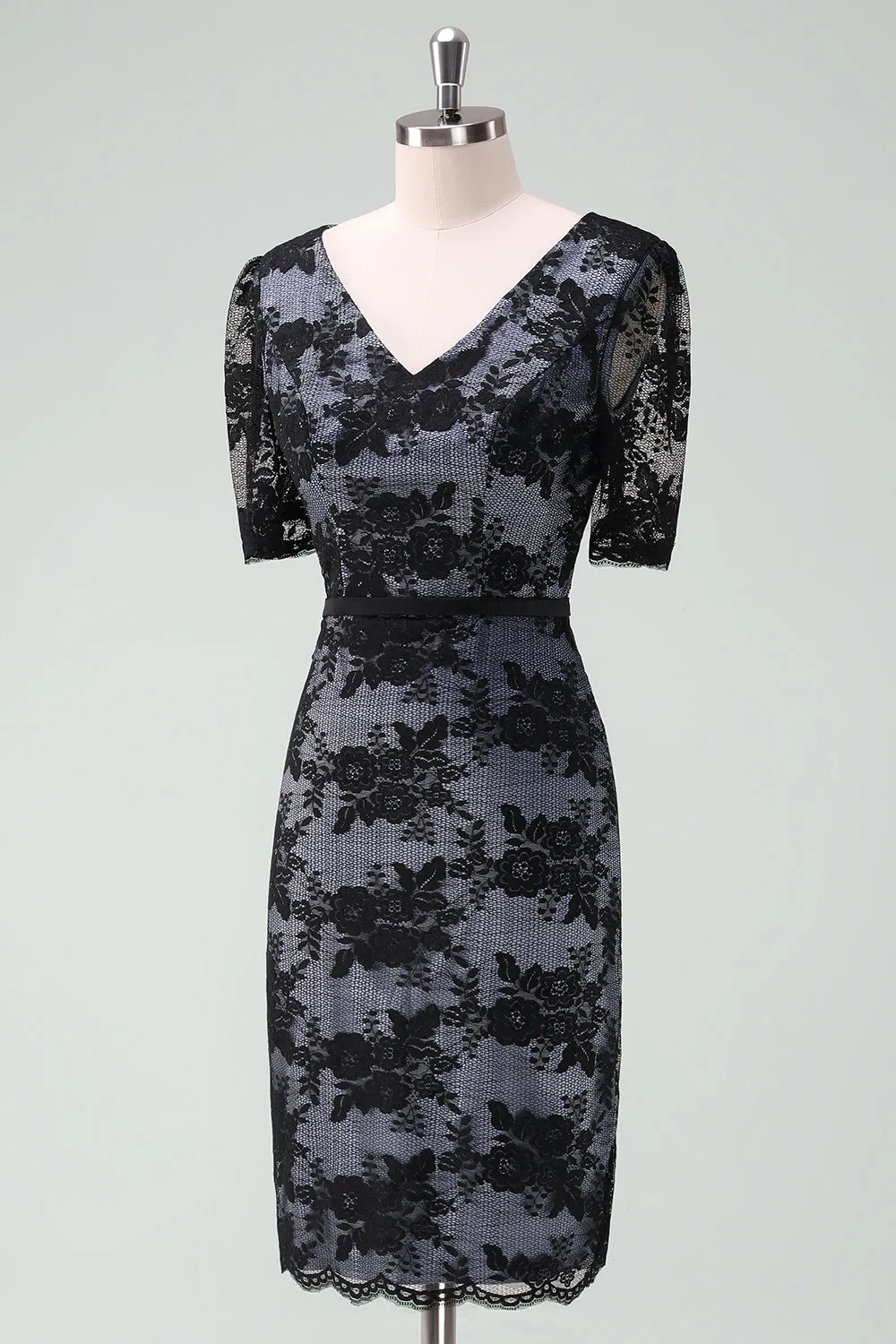 Black V-Neck Lace Sheath Midi Mother of Bride Dress with Short Sleeves sold by Zapaka product image thumbnail 3