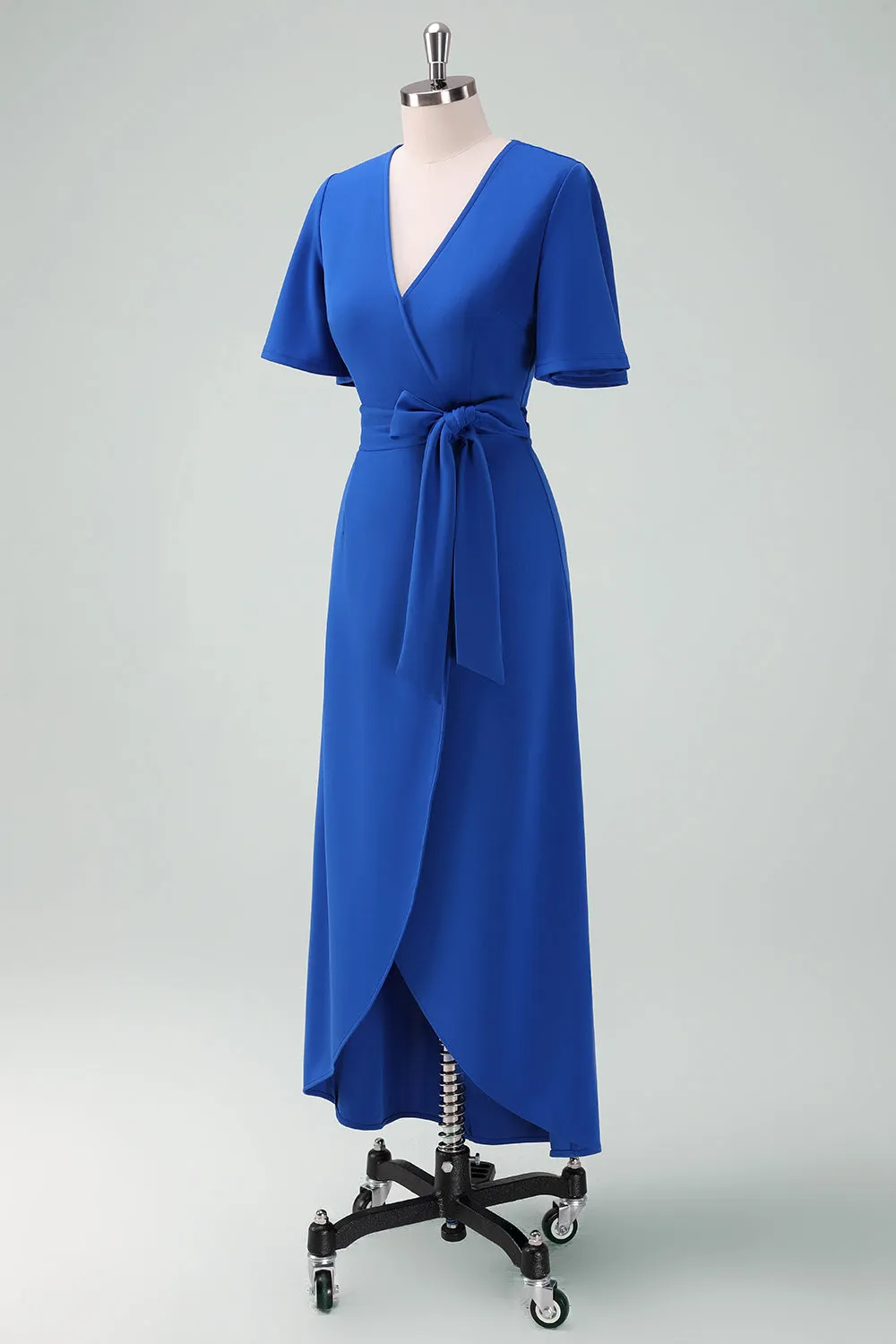Royal Blue V-Neck Long Mother of Bride Dress with Short Sleeves sold by Zapaka product image thumbnail 3