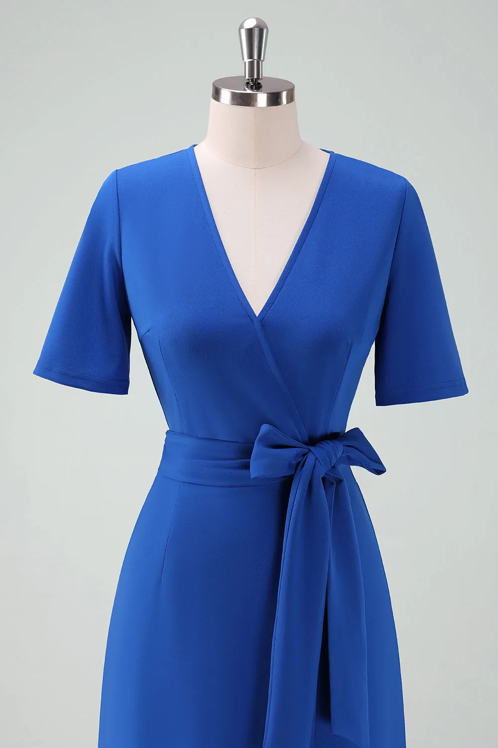 Royal Blue V-Neck Long Mother of Bride Dress with Short Sleeves sold by Zapaka product image thumbnail 4