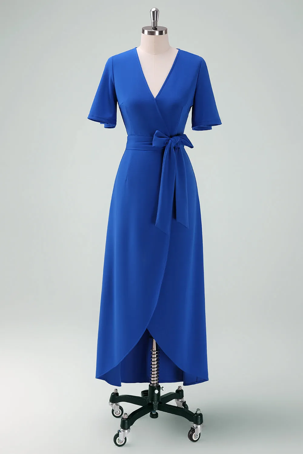 Royal Blue V-Neck Long Mother of Bride Dress with Short Sleeves sold by Zapaka