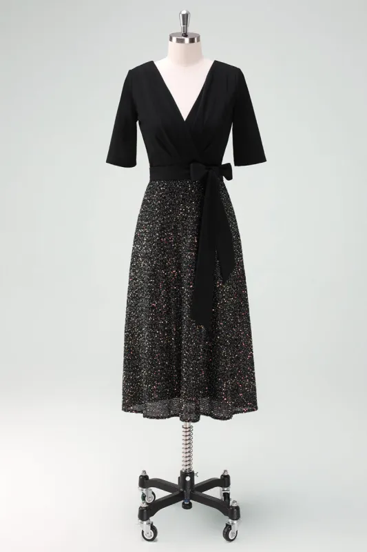 Sparkly Black A-Line Cocktail Dress with Half Sleeves sold by Zapaka
