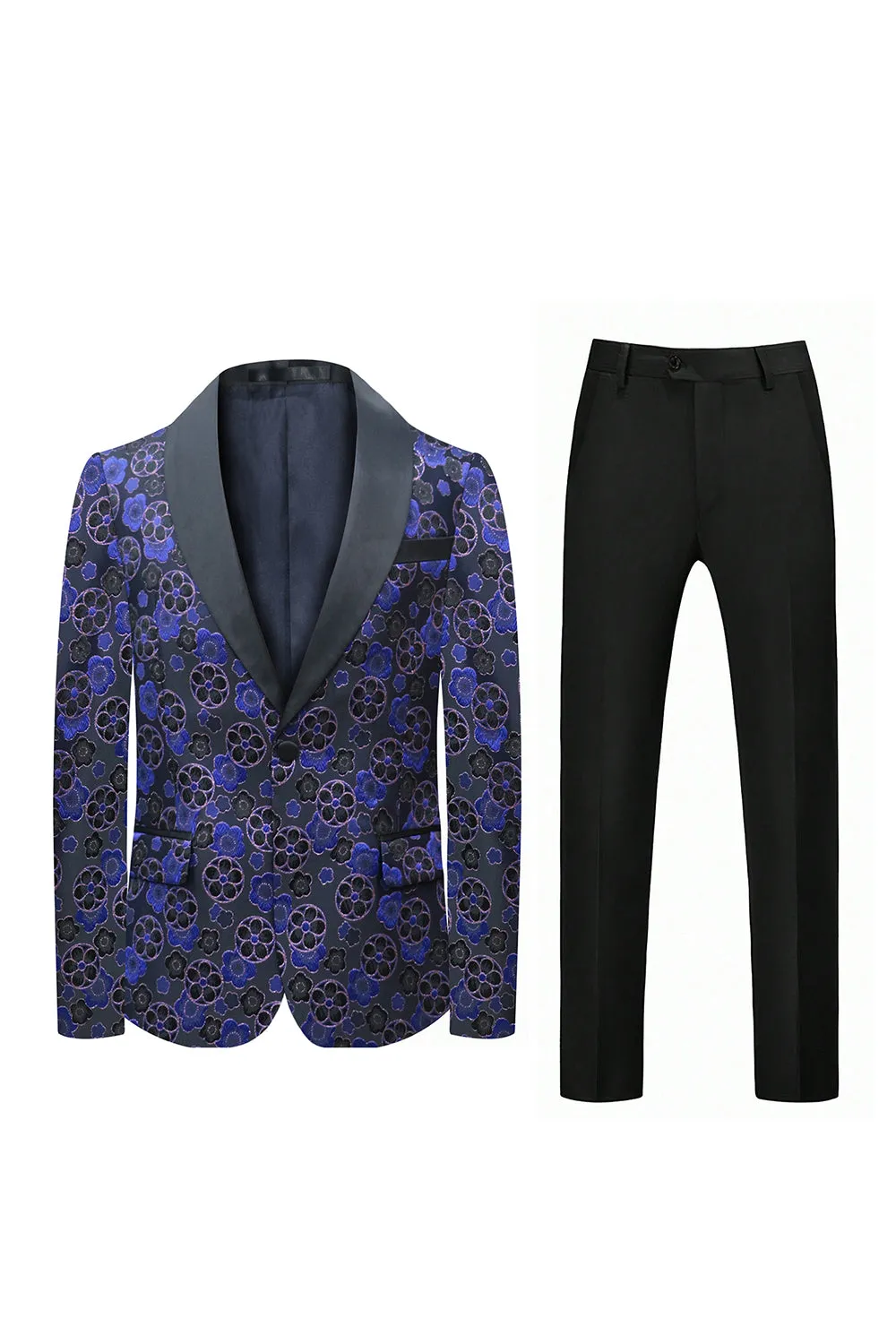 Dark Blue Floral Printed Shawl Lapel 2 Pieces Men Suits sold by Zapaka