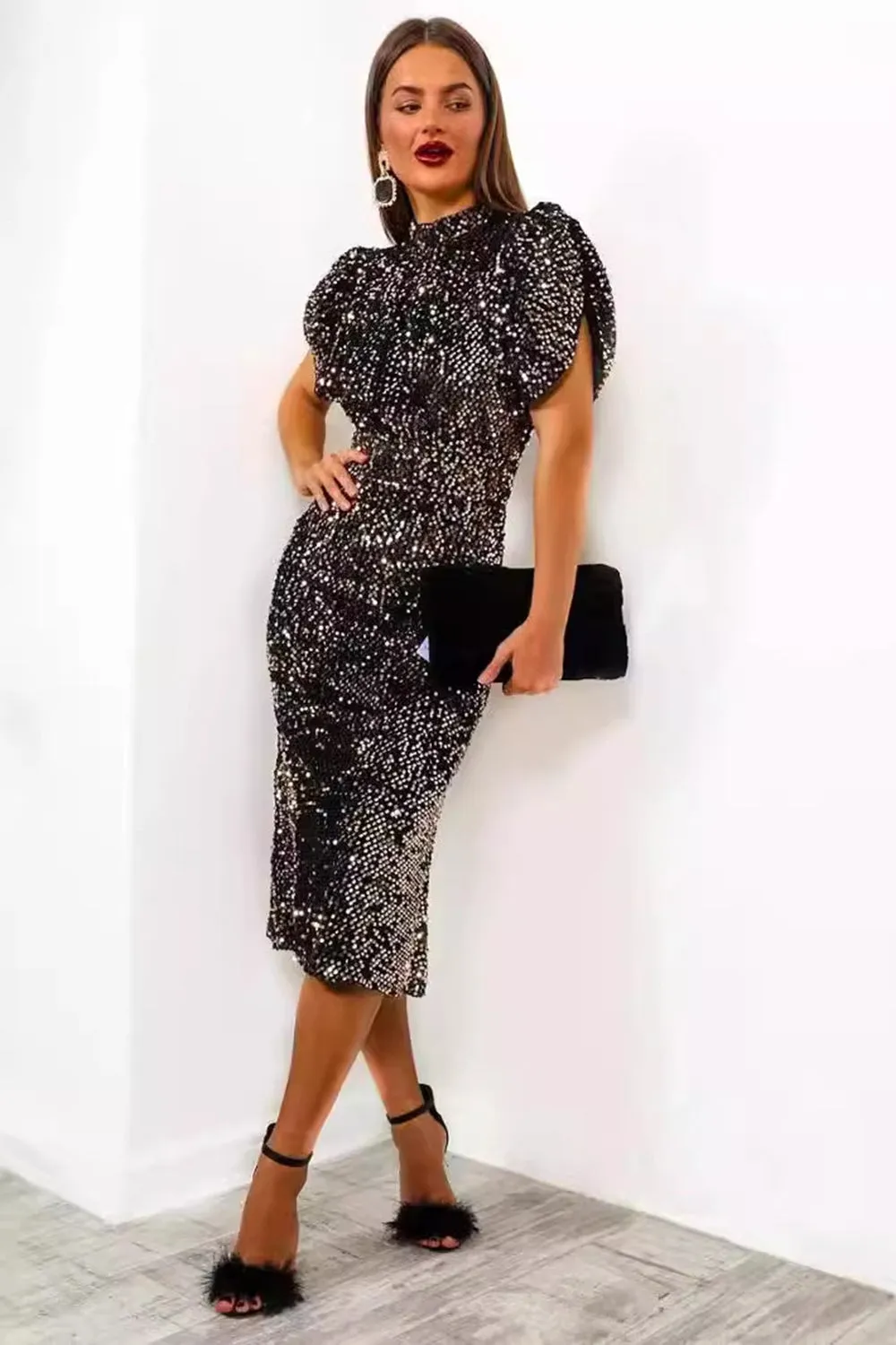 Sparkly Black Mermaid Sequins High Neck Tea Length Party Dress sold by Zapaka