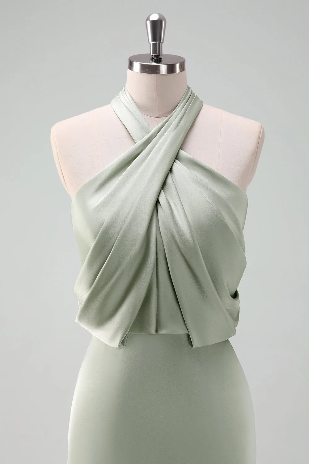 Dusty Sage Sheath Halter Neck Satin Long Bridesmaid Dress sold by Zapaka product image thumbnail 4