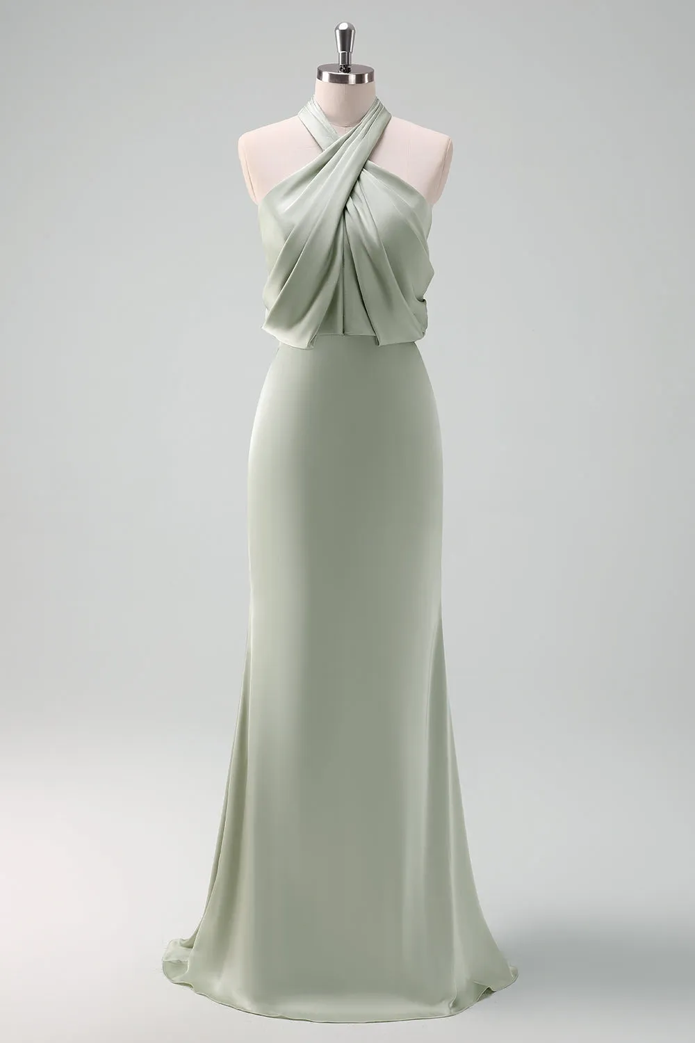 Dusty Sage Sheath Halter Neck Satin Long Bridesmaid Dress sold by Zapaka