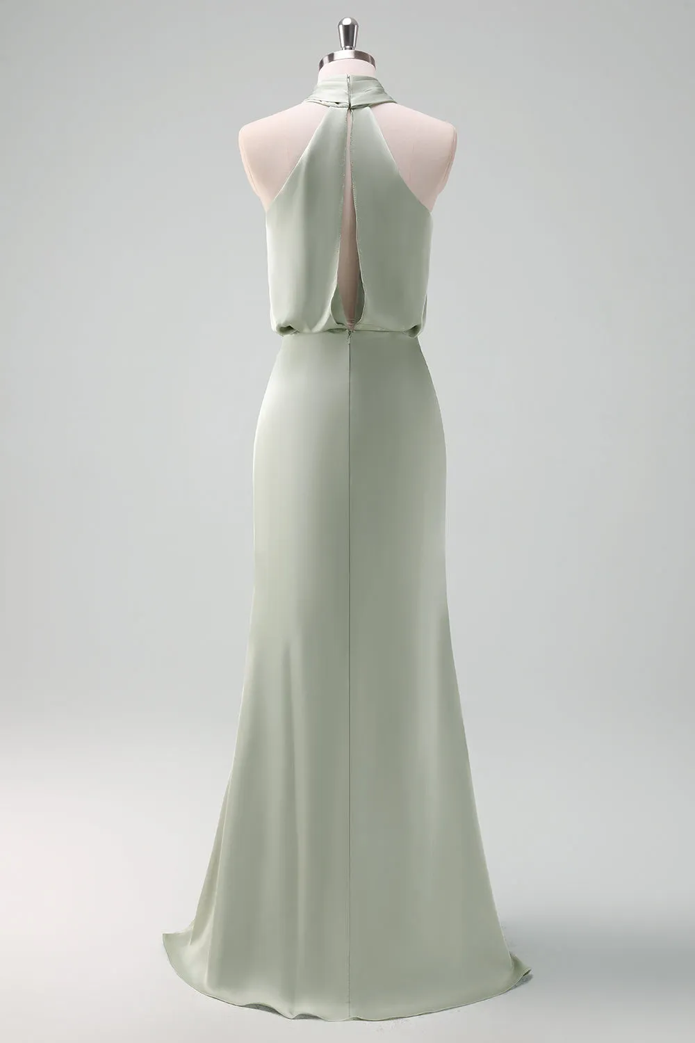 Dusty Sage Sheath Halter Neck Satin Long Bridesmaid Dress sold by Zapaka product image thumbnail 2