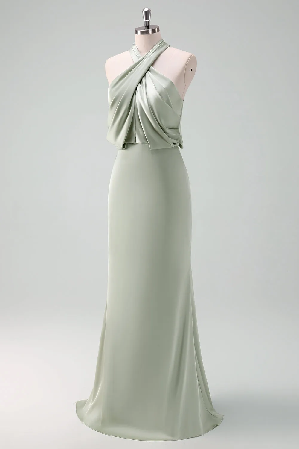 Dusty Sage Sheath Halter Neck Satin Long Bridesmaid Dress sold by Zapaka product image thumbnail 3