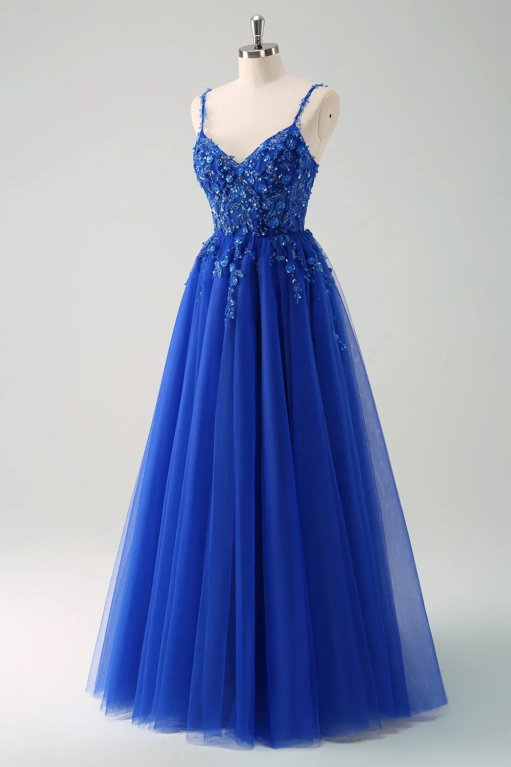 Sparkly A-Line Royal Blue Spaghetti Straps Corset Long Prom Dress sold by Zapaka product image thumbnail 3