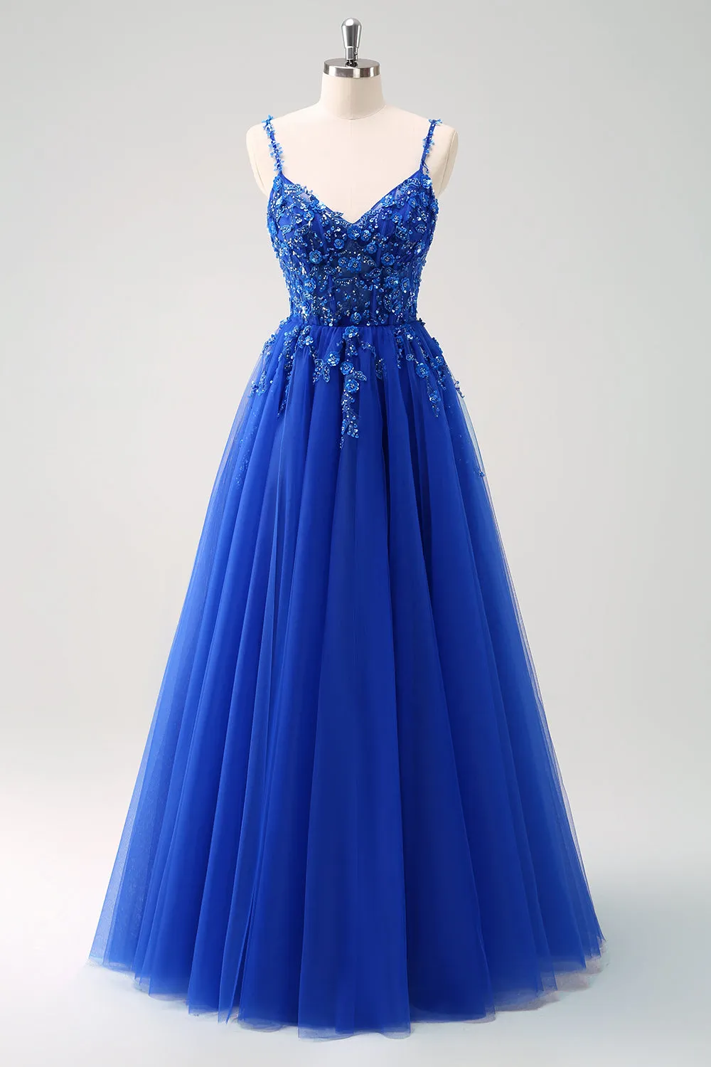 Sparkly A-Line Royal Blue Spaghetti Straps Corset Long Prom Dress sold by Zapaka