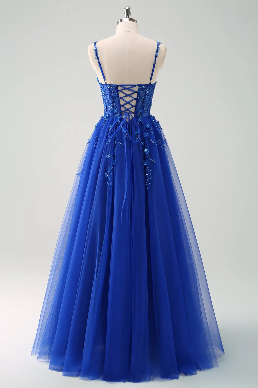Sparkly A-Line Royal Blue Spaghetti Straps Corset Long Prom Dress sold by Zapaka product image thumbnail 2
