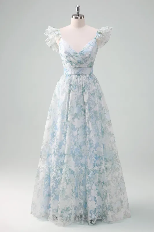 Light Blue Flower Printed A-Line Cap Sleeves Long Prom Dress sold by Zapaka