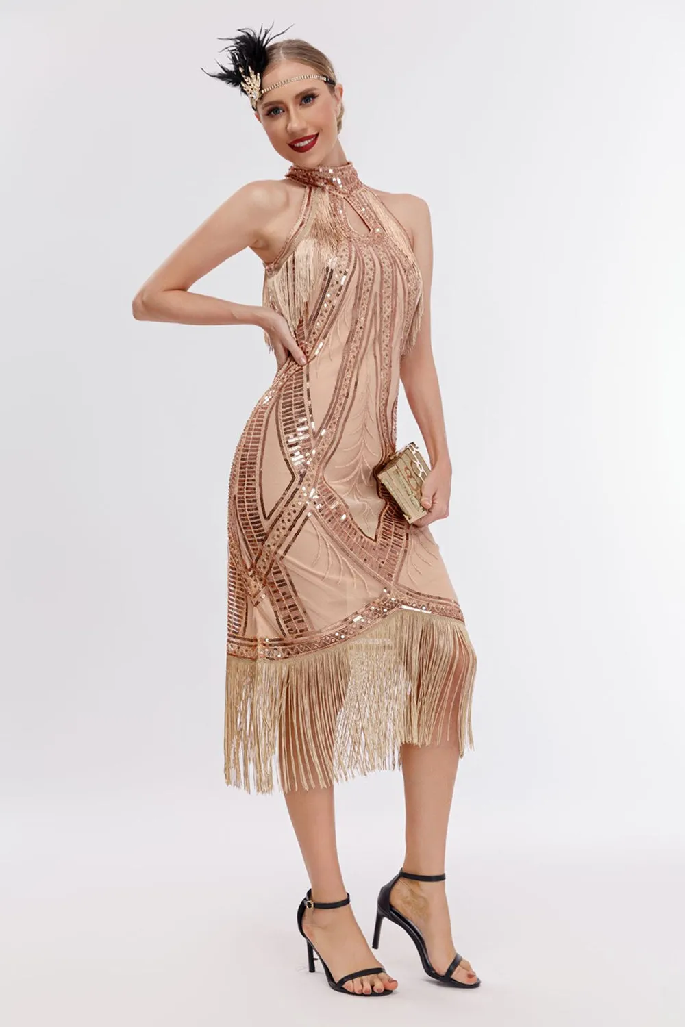 Champagne Halter 1920s Dress with Sequins sold by Zapaka product image thumbnail 3