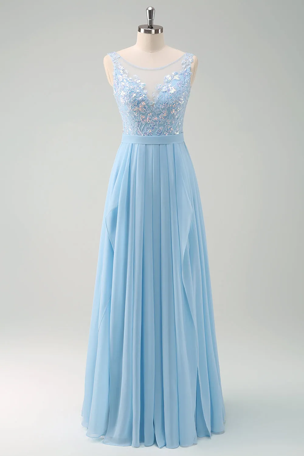 Sparkly Sky Blue Bateau Neck Pleated Long Bridesmaid Dress sold by Zapaka