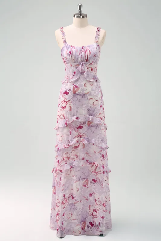 Grey Purple Floral Spaghetti Straps Long Bridesmaid Dress sold by Zapaka