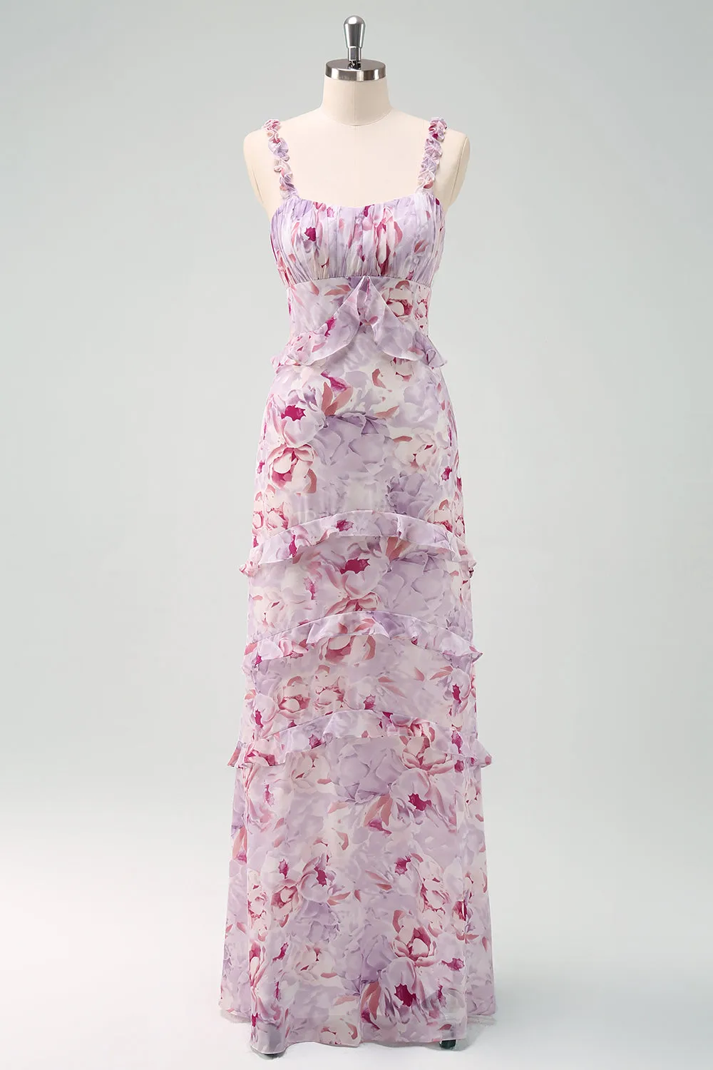 Grey Purple Floral Spaghetti Straps Long Bridesmaid Dress sold by Zapaka