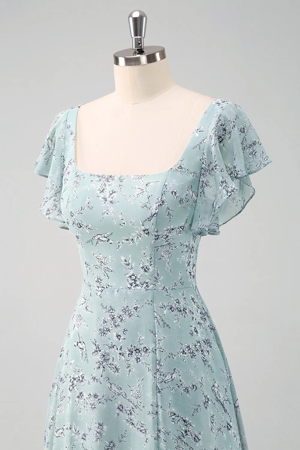 Grey Green Square Neck Printed Flower Bridesmaid Dress with Slit sold by Zapaka product image thumbnail 5