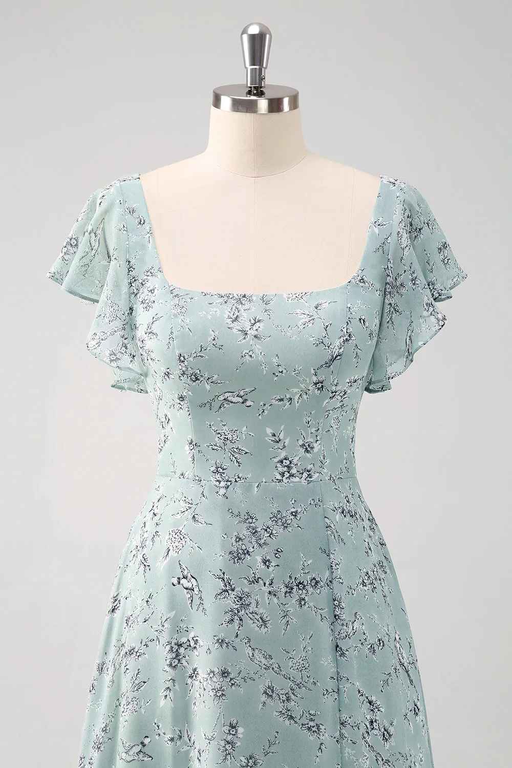 Grey Green Square Neck Printed Flower Bridesmaid Dress with Slit sold by Zapaka product image thumbnail 4