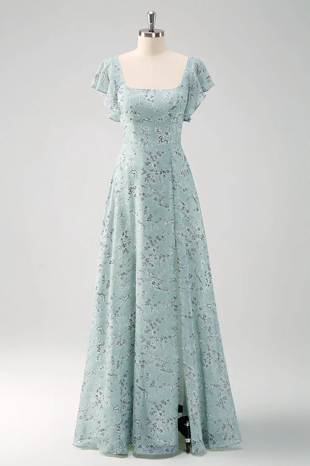 Grey Green Square Neck Printed Flower Bridesmaid Dress with Slit sold by Zapaka
