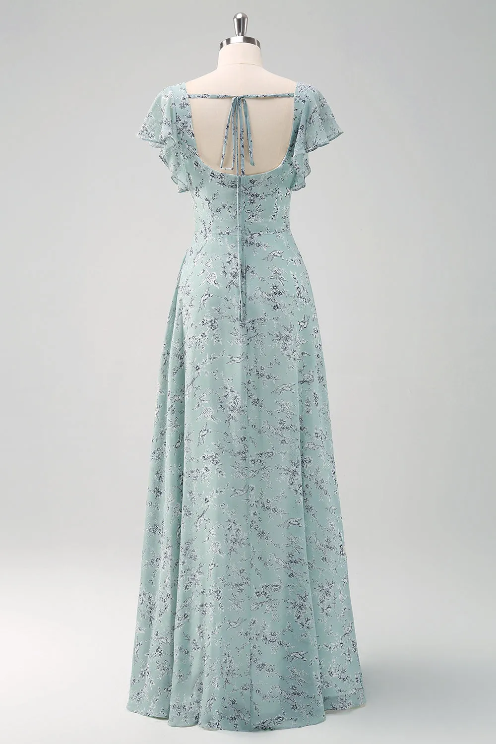Grey Green Square Neck Printed Flower Bridesmaid Dress with Slit sold by Zapaka product image thumbnail 2