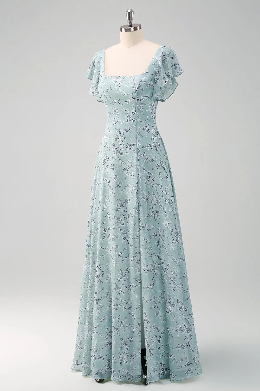 Grey Green Square Neck Printed Flower Bridesmaid Dress with Slit sold by Zapaka product image thumbnail 3