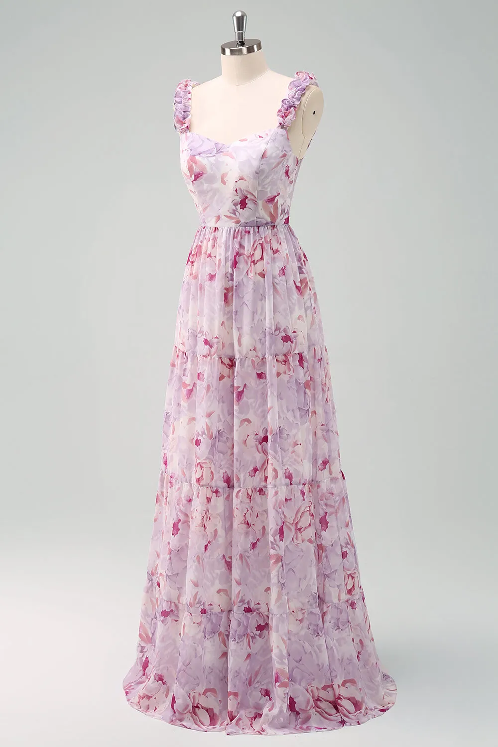 A-Line Grey Purple Spaghetti Straps Floral Long Bridesmaid Dress sold by Zapaka product image thumbnail 3