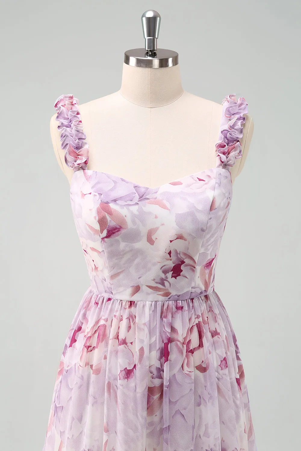 A-Line Grey Purple Spaghetti Straps Floral Long Bridesmaid Dress sold by Zapaka product image thumbnail 4