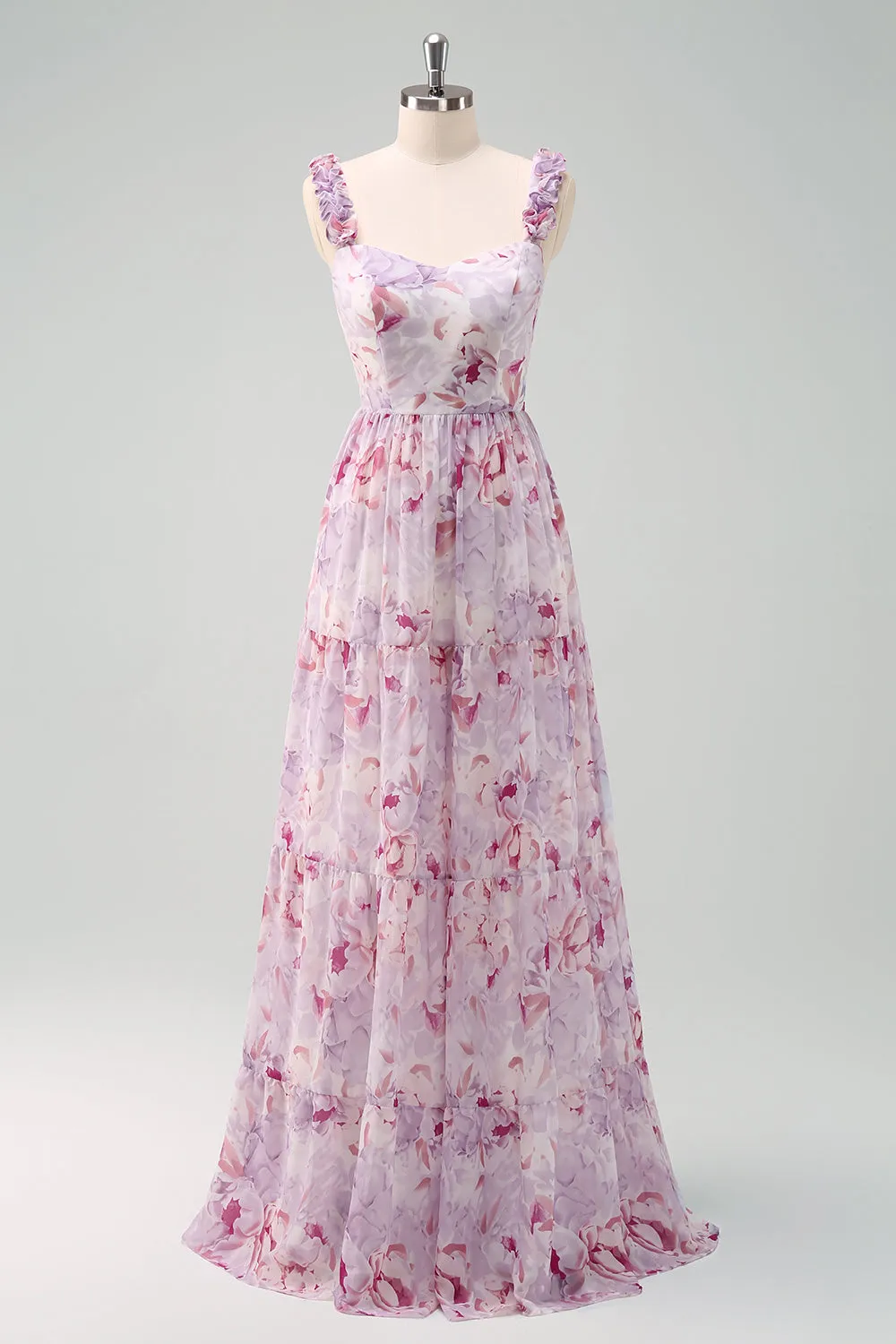 A-Line Grey Purple Spaghetti Straps Floral Long Bridesmaid Dress sold by Zapaka