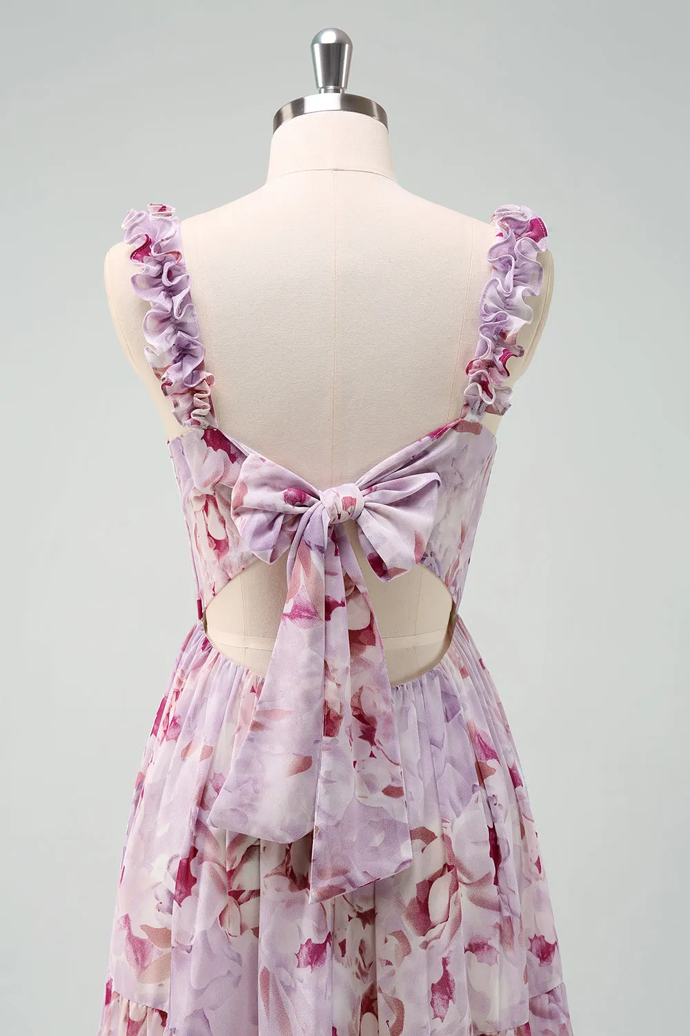 A-Line Grey Purple Spaghetti Straps Floral Long Bridesmaid Dress sold by Zapaka product image thumbnail 5