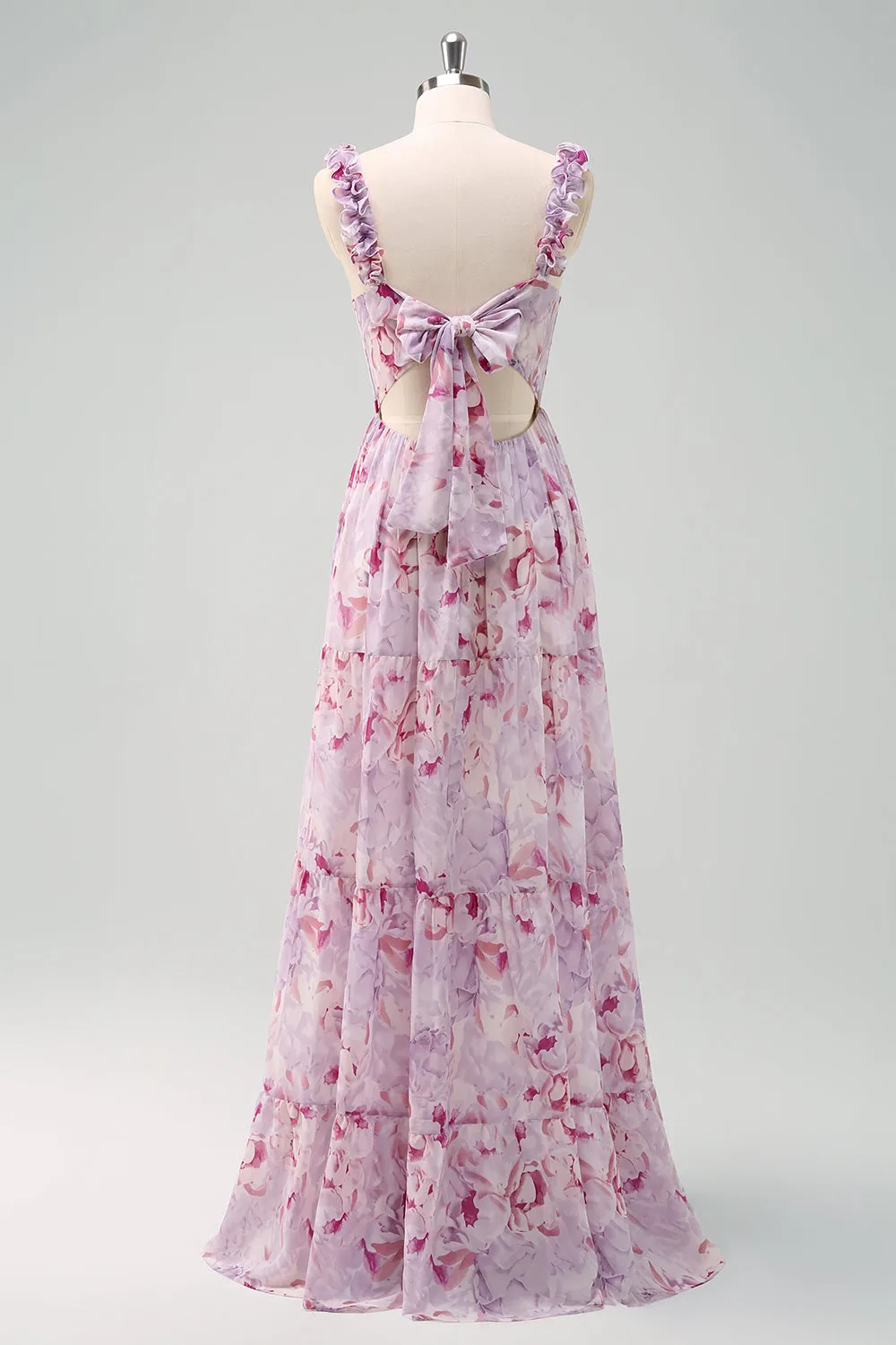 A-Line Grey Purple Spaghetti Straps Floral Long Bridesmaid Dress sold by Zapaka product image thumbnail 2