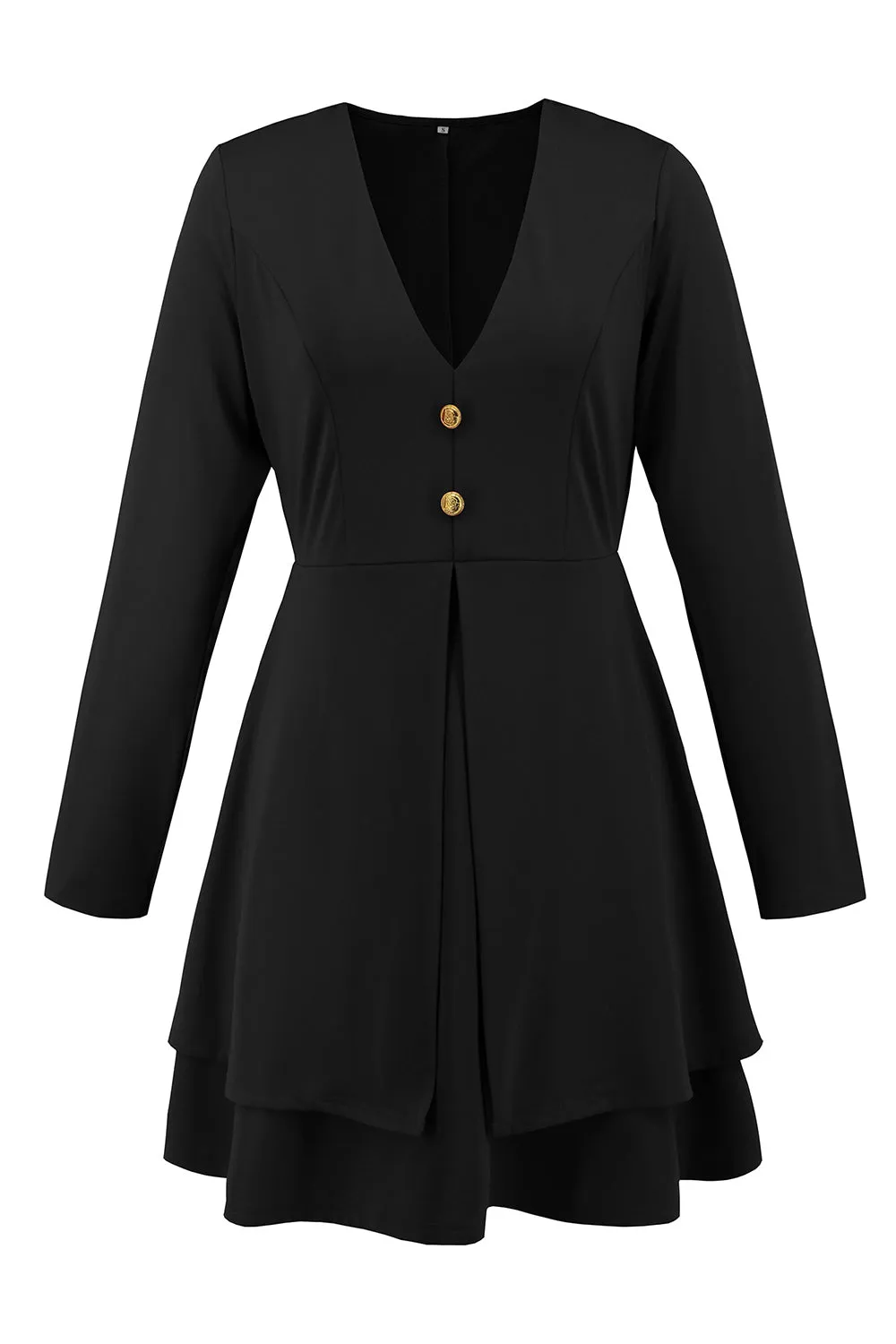 Black A-Line Long Sleeves V Neck Buttons Short Party Dress sold by Zapaka product image thumbnail 5